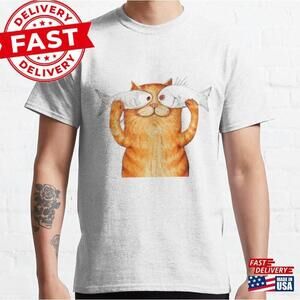 Cute Ginger Cat And Fish Watercolor Illustration Classic T-Shirt